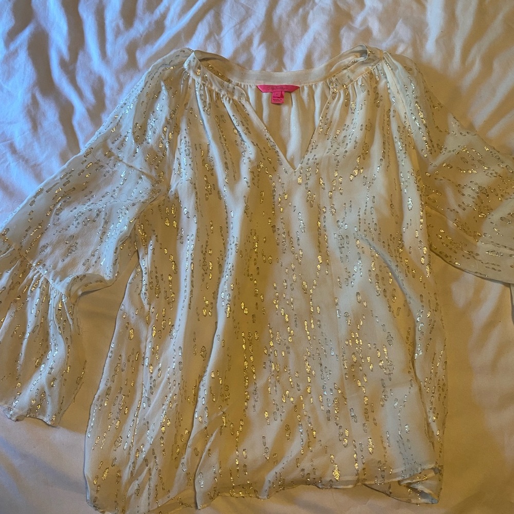 Lilly Pulitzer 100% Silk Metallic Colby Pintuck Top